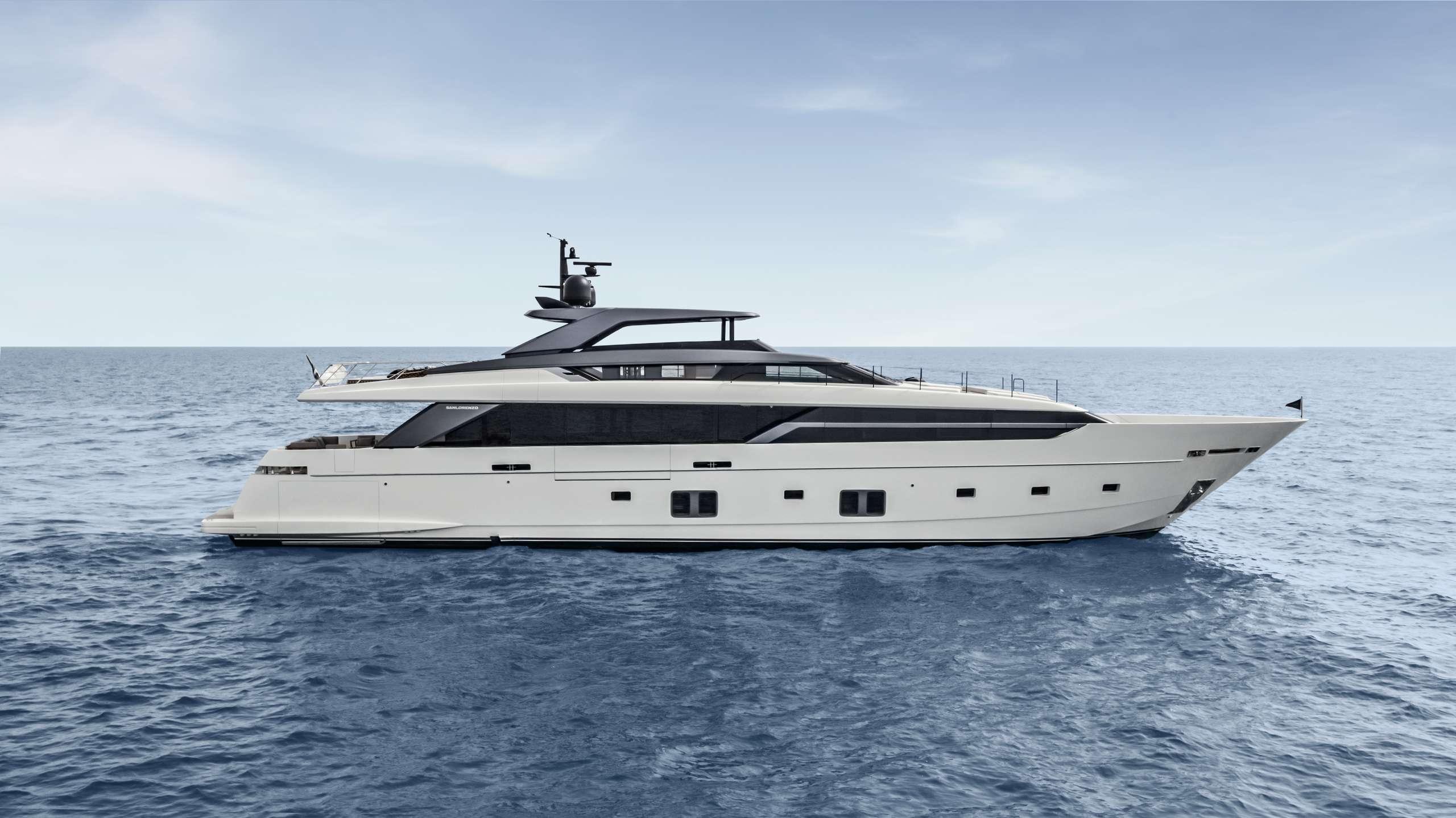 Sanlorenzo SL120A exterior profile underway, shown as model-level reference imagery